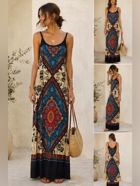 Point Zero Bohemian Maxi Dress with Red & Blue Medallion Print